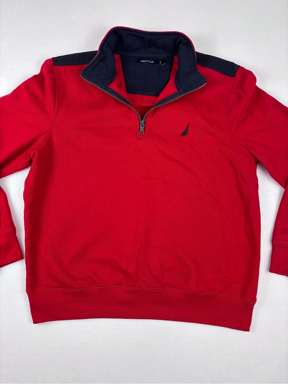 Nautica Men’s Large Red & Navy Colorblock Quarter-Zip Pullover Sweatshirt preppy